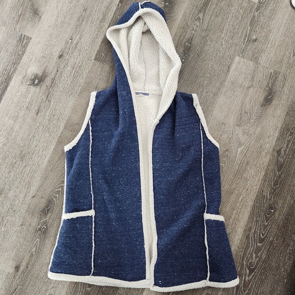 PJ Salvage Blue Marled Knit Sherpa Lined Hooded Open Front Vest Small